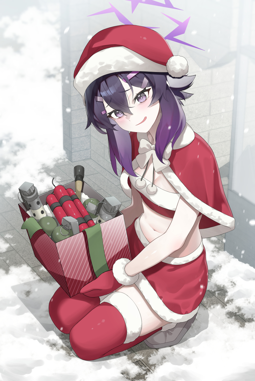 1girl, absurdres, blue_archive, bomb, boots, box, breasts, capelet, christmas, christmas_present, cleavage, commentary_request, darros, dynamite, explosive, fur-trimmed_boots, fur-trimmed_capelet, fur-trimmed_thighhighs, fur_trim, gift, grenade, haruka_(blue_archive), hat, highres, kneeling, korean_commentary, looking_at_viewer, mittens, navel, open_mouth, pipe_bomb, purple_eyes, purple_hair, red_capelet, red_mittens, red_thighhighs, santa_hat, small_breasts, smile, snow, snowing, solo, stomach, thighhighs, tnt