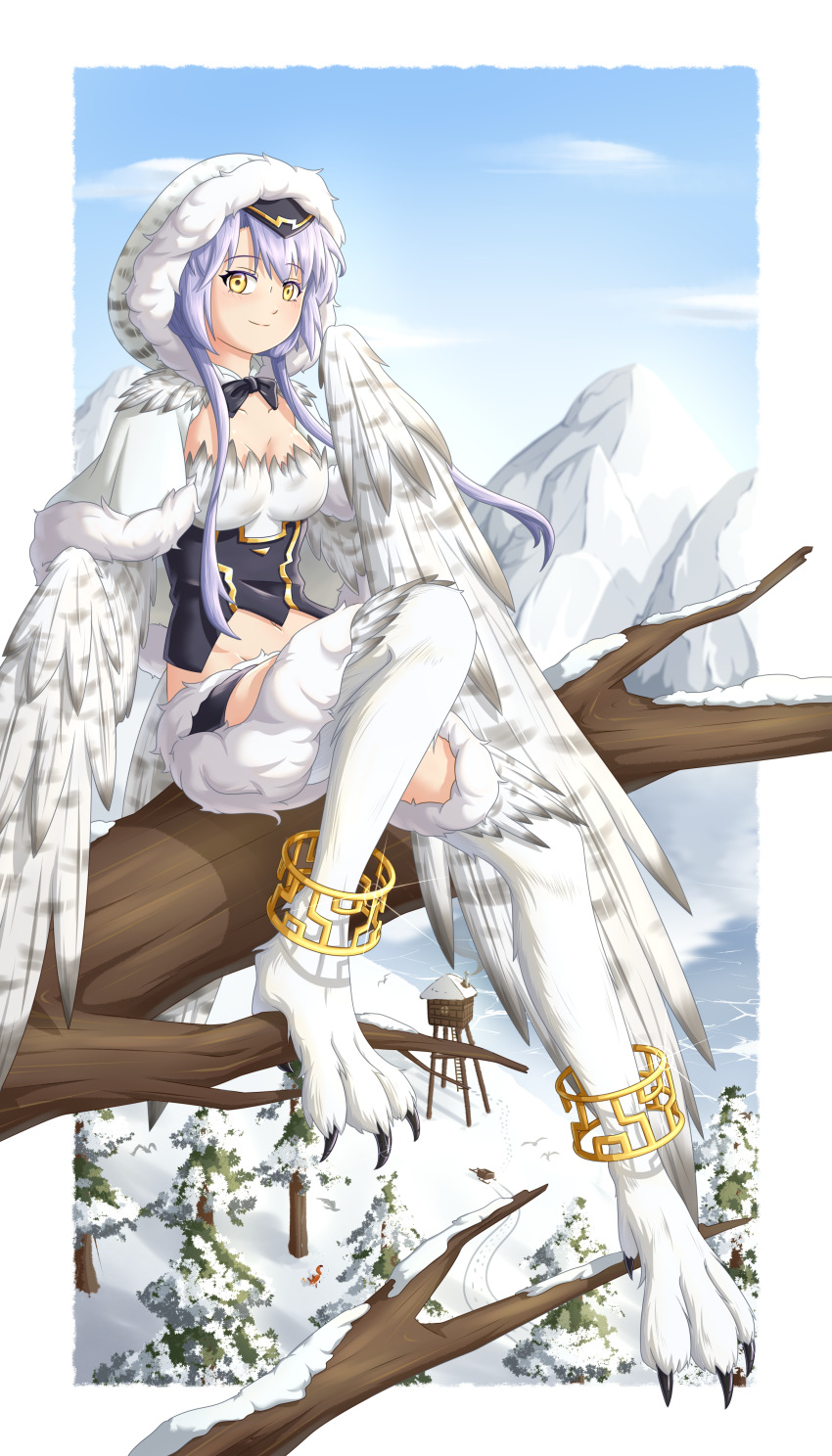 1girl, absurdres, anklet, bird_legs, bird_tail, blush, breasts, chinese_commentary