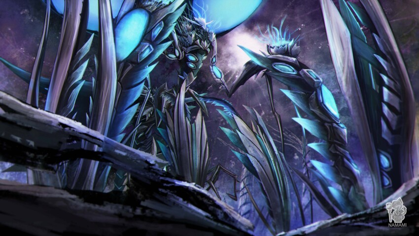 absurdres, alien, faceless, fate/grand_order, fate_(series), full_body, giant, giant_monster, glowing, halo, highres, horns, huge_horns, knee_spikes, monster, namami_(namami0115), no_humans, ort_(type-moon), solo