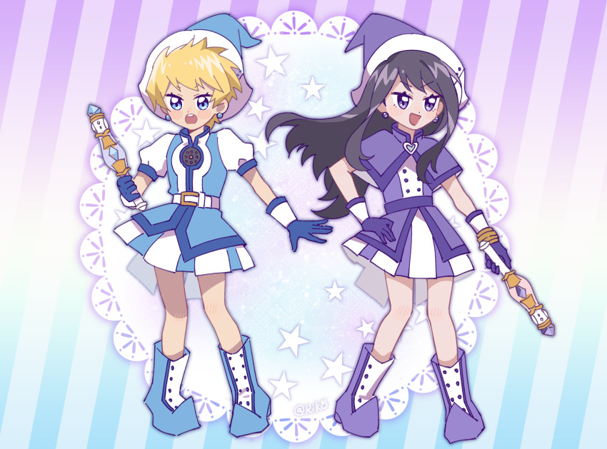 2boys, black_hair, blonde_hair, blue_boots, blue_eyes, blue_gloves, blue_hat, blue_vest