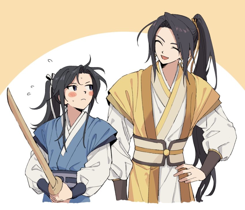 2boys, aged_down, bibi_(p_pp8888), black_hair, blue_eyes, blush, chinese_clothes, closed_eyes