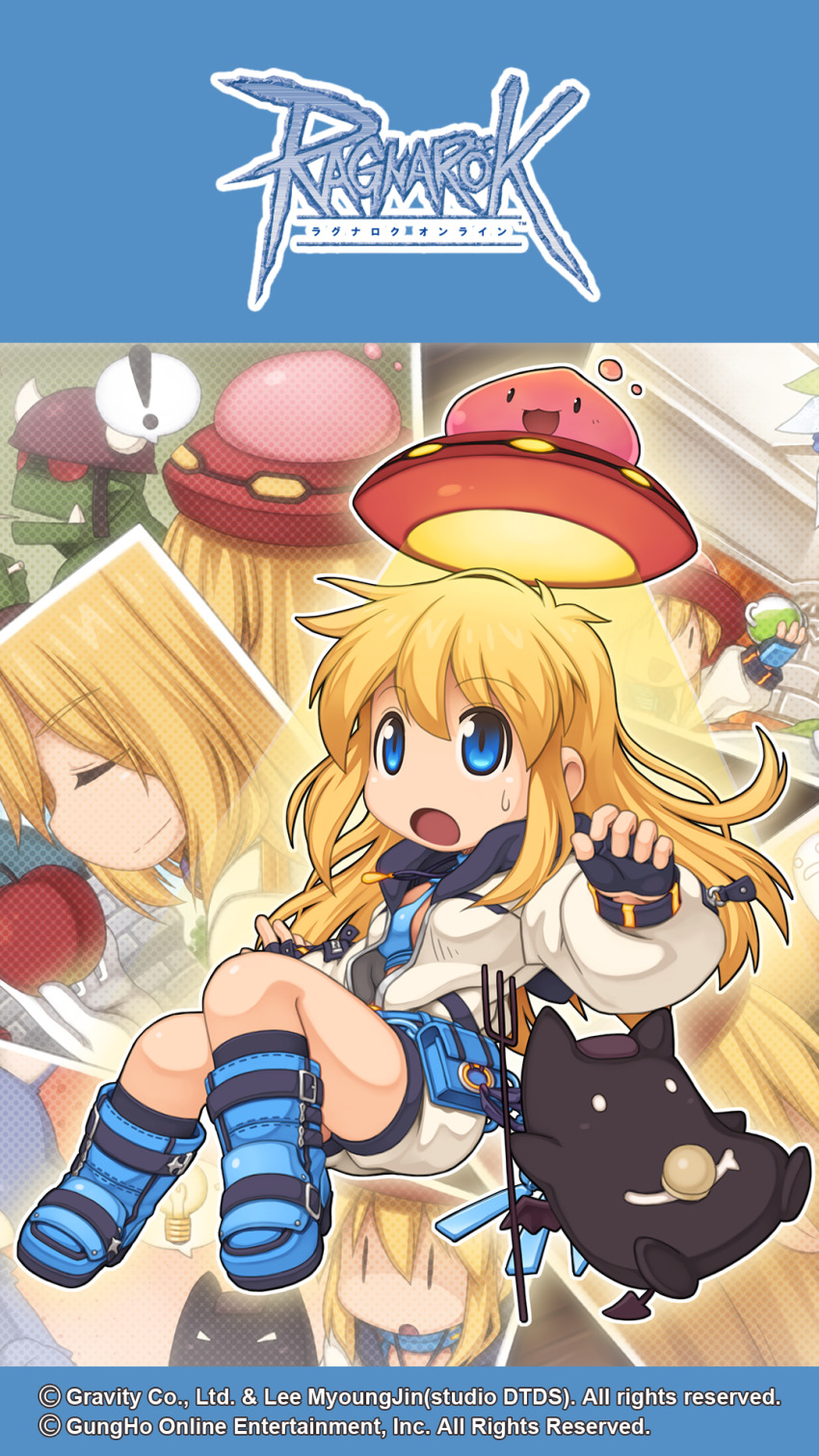 !, 2boys, apple, armor, armored_boots, bikini, bikini_top_only, black_gloves