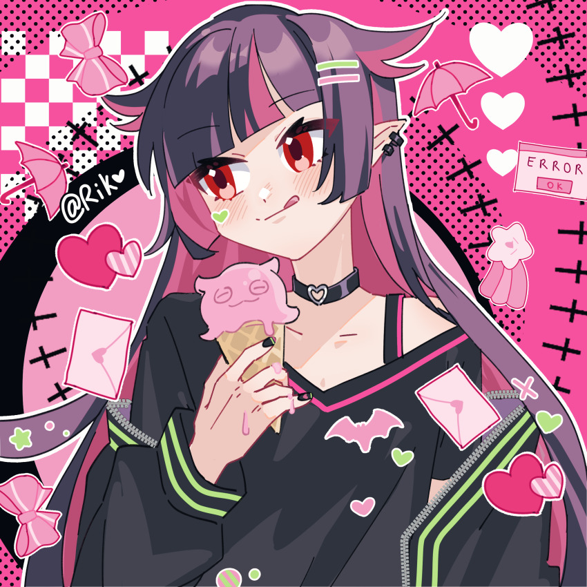 1boy, :q, absurdres, black_choker, black_hair, black_jacket, black_shirt, blush, chinese_commentary, choker, colored_inner_hair, commentary_request, earclip, error_message, food, hair_ornament, hairclip, heart, heart_o-ring, heart_ring_choker, highres, holding, holding_food, holding_ice_cream, holding_ice_cream_cone, ice_cream, ice_cream_cone, jacket, letter, lilia_vanrouge, love_letter, multicolored_hair, o-ring, o-ring_choker, off_shoulder, open_clothes, open_jacket, outline, pink_background, pink_hair, pointy_ears, red_eyes, riko_shinkai, shirt, shooting_star, smile, solo, star_(symbol), tongue, tongue_out, tsurime, twisted_wonderland, two-tone_hair, upper_body, v-neck, white_outline, zipper