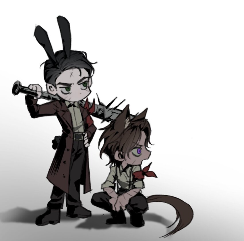 2boys, animal_ears, baseball_bat, belt, black_belt, black_pants, black_shoes, brown_eyes
