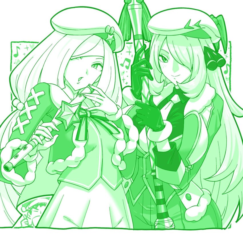 2girls, beret, brock_(pokemon), bugsy_(holiday_2024)_(pokemon), bugsy_(pokemon), bugsy_(pokemon)_(cosplay), cosplay, cynthia_(pokemon), green_theme, hair_over_one_eye, hat, highres, kenchi, lillie_(holiday_2024)_(pokemon), lillie_(pokemon), lillie_(pokemon)_(cosplay), long_hair, looking_at_viewer, lusamine_(pokemon), multiple_girls, nintendo, pokemon, pokemon_diamond/pearl/platinum, pokemon_masters_ex, pokemon_sun_and_moon, santa_costume, smile, swept_bangs