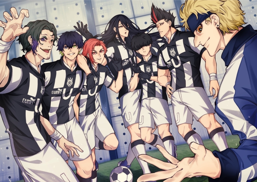 6+boys, arm_up, aryu_jyubei, ball, barou_shouei, black_eyes, black_gloves, black_hair, black_pants, blonde_hair, blue_headband, blue_lock, breasts, cross_legged, don_lorenzo, fake_grass, full_body, gloves, grass, green_eyes, green_hair, grey_eyes, hands_up, happy, headband, heterochromia, highres, jacket, layered_clothes, long_hair, looking_at_viewer, male_focus, marc_snuffy, medium_breasts, multicolored_hair, multiple_boys, niko_ikki, oliver_aiku, open_clothes, open_jacket, open_mouth, orange_eyes, pants, pink_eyes, pink_hair, purple_eyes, purple_hair, red_eyes, red_hair, selfie, sendou_shuuto, short_hair, sitting, smile, soccer_ball, soccer_uniform, socks, sportswear, tongue, two-tone_hair, v, very_long_hair, white_socks