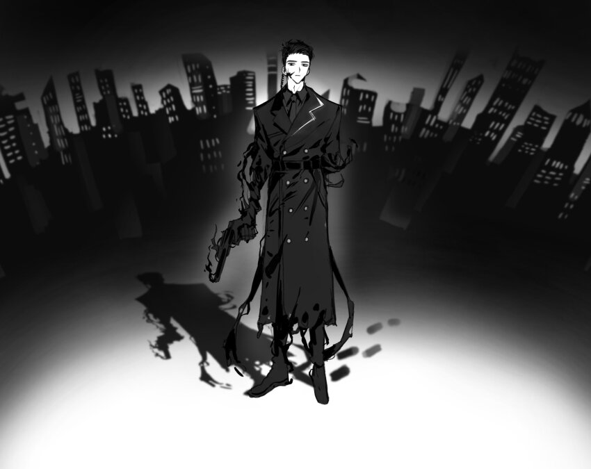 1boy, belt, black_belt, black_coat, black_eyes, black_hair, black_necktie, black_pants