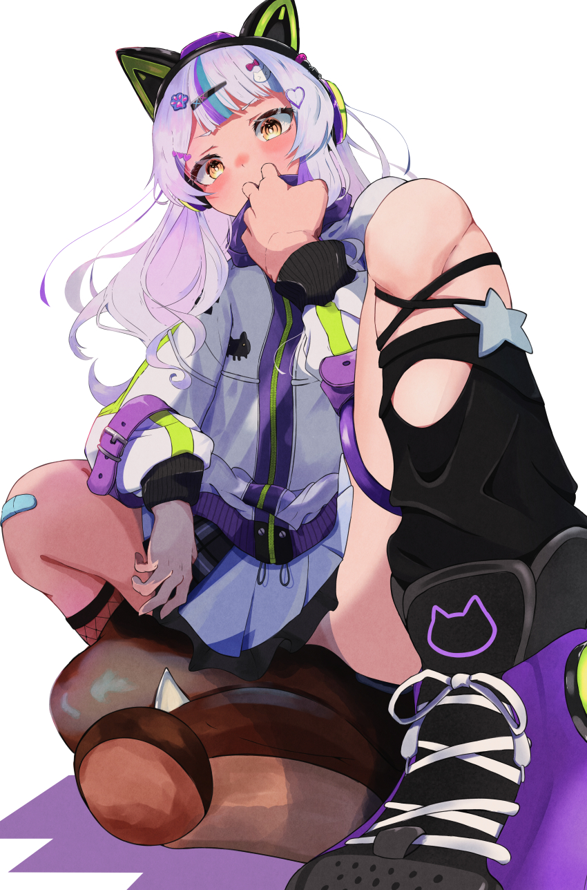 1girl, absurdres, animal_ear_headphones, animal_ears, asymmetrical_legwear, bandaid, bandaid_on_knee, bandaid_on_leg