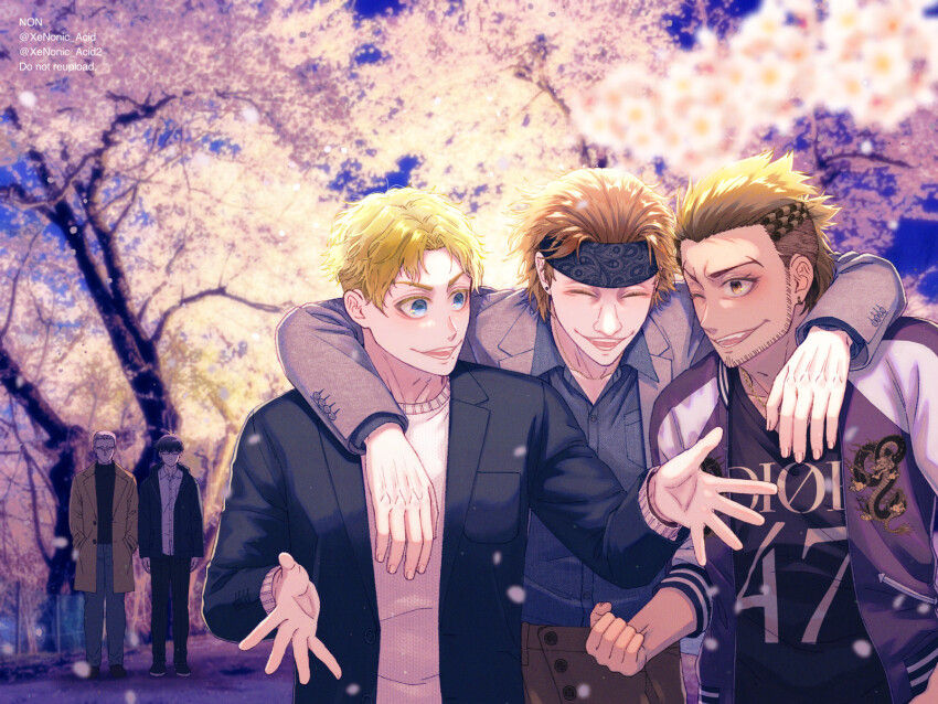 5boys, black_hair, black_headband, black_jacket, black_shirt, blonde_hair, blue_lock, brown_pants, cherry_blossoms, chris_prince, city, closed_mouth, collared_shirt, grey_jacket, grey_pants, hands_in_pockets, hands_up, headband, highres, hug, jacket, lavinho_(blue_lock), long_sleeves, looking_at_another, marc_snuffy, medium_hair, multicolored_hair, multiple_boys, night, non_(tsuinari), open_clothes, open_jacket, open_mouth, pants, shirt, shoes, short_hair, sky, smile, tongue, tree, two-tone_hair, walking, white_shirt