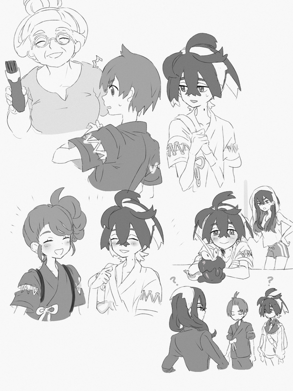 2boys, 3girls, ?, ahoge, blush, carmine_(pokemon), closed_eyes, commentary_request