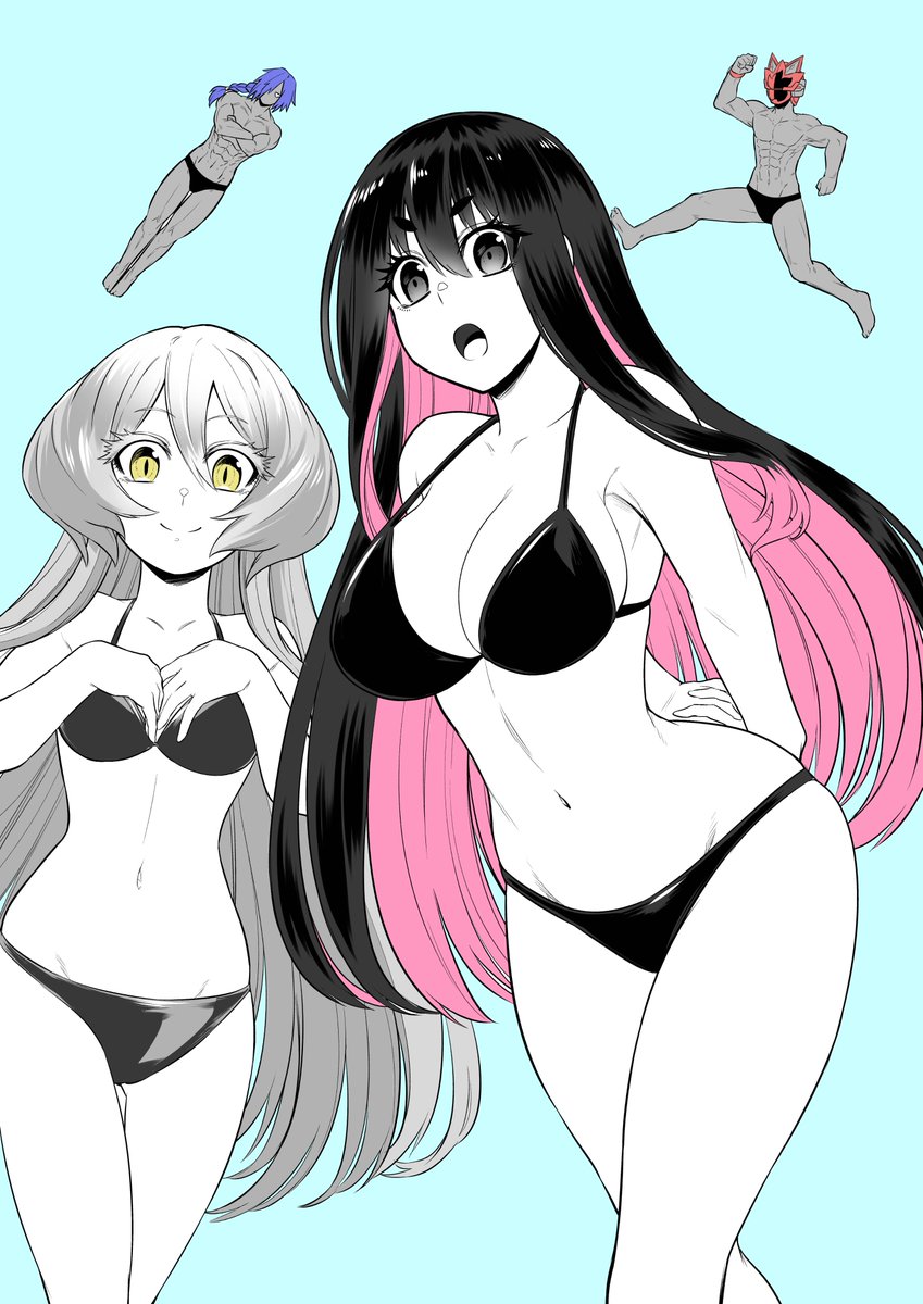 2boys, 2girls, :o, abs, april_fools, arms_behind_back, asagaki_togo, barefoot