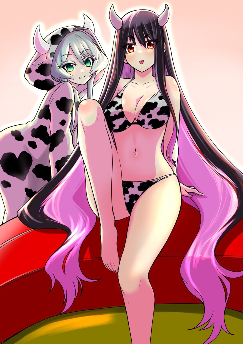 2girls, animal_costume, animal_ears, animal_print, arm_support, barefoot, bikini, black_hair