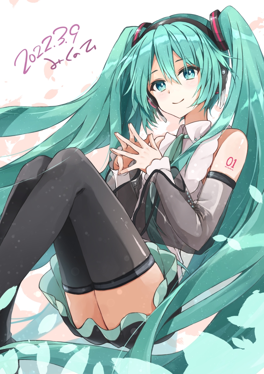 1girl, absurdres, aqua_eyes, aqua_hair, aqua_ribbon, arm_tattoo, black_boots, black_skirt