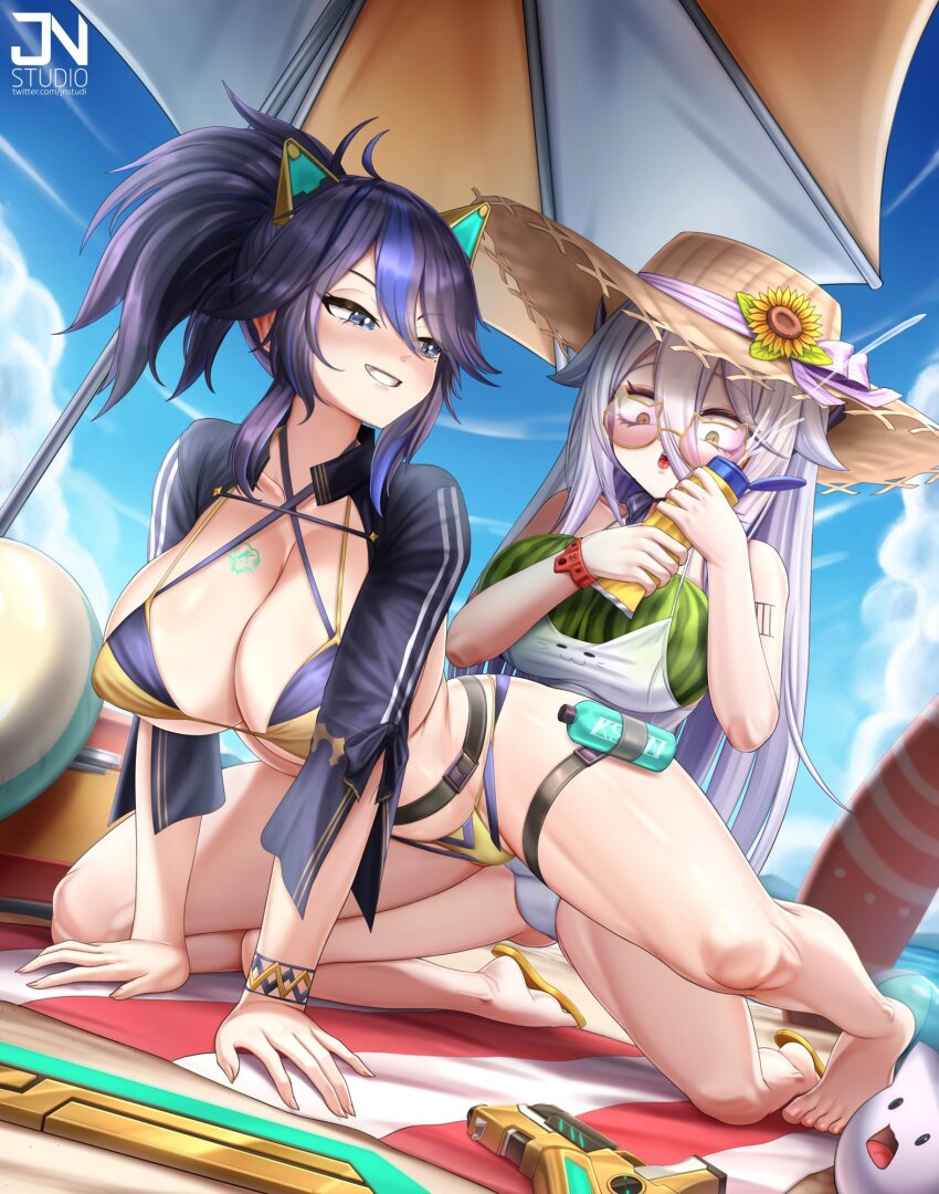 2girls, animal_ears, ass, bare_shoulders, barefoot, beach, beach_towel, beach_umbrella, bikini, black_bikini, black_hair, black_jacket, blue_eyes, blue_hair, blue_sky, breasts, brown_hat, cat_ears, cleavage, cloud, double_bikini, fake_animal_ears, feet, food, fruit, grey_hair, hair_between_eyes, hat, hen_squad_(henya_the_genius), henya_the_genius, henya_the_genius_(summer), highres, jacket, jnstudio, kson, kson_(swimsuit), large_breasts, long_hair, looking_at_viewer, lotion, mole, mole_under_eye, multicolored_hair, multiple_girls, one-piece_swimsuit, sky, small_breasts, streaked_hair, sun_hat, sunscreen, swimsuit, thigh_strap, toes, towel, umbrella, very_long_hair, virtual_youtuber, vshojo, watermelon, white_one-piece_swimsuit, yellow_bikini, yellow_eyes