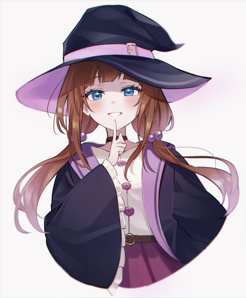 1girl, :d, belt, black_coat, blue_eyes, blush, brown_belt, brown_hair, buttons, coat, commentary_request, cropped_torso, finger_to_mouth, grin, hair_bobbles, hair_ornament, hand_up, hat, hat_belt, index_finger_raised, kmes_niku, long_hair, long_sleeves, looking_at_viewer, low_twintails, nijisanji, open_clothes, open_coat, open_mouth, pleated_skirt, purple_skirt, shushing, simple_background, skirt, smile, solo, twintails, virtual_youtuber, white_background, wide_sleeves, witch, witch_hat, yokaze_yui