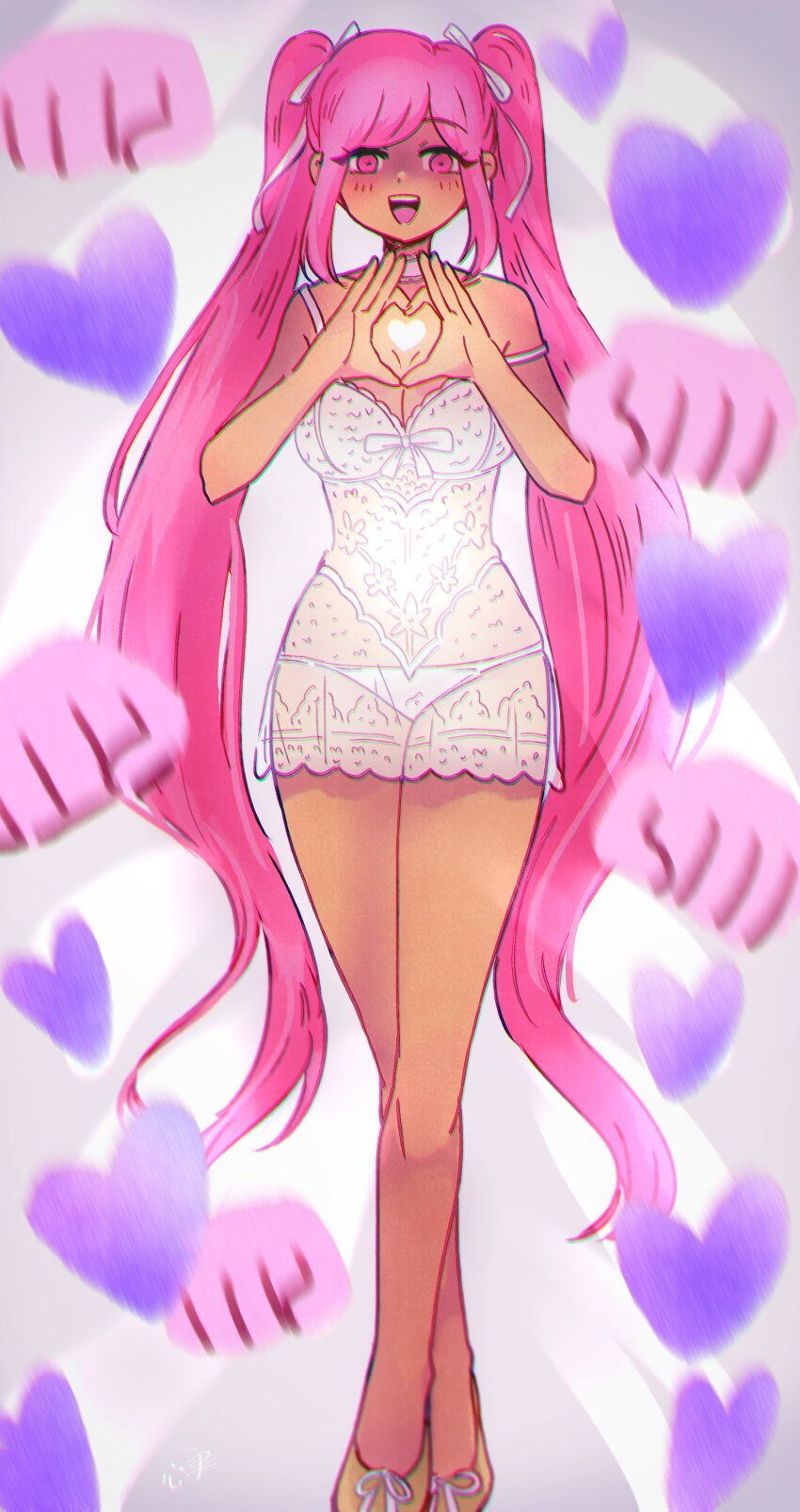 1girl, :d, absurdres, babydoll, bare_arms, bare_shoulders, blush, chromatic_aberration
