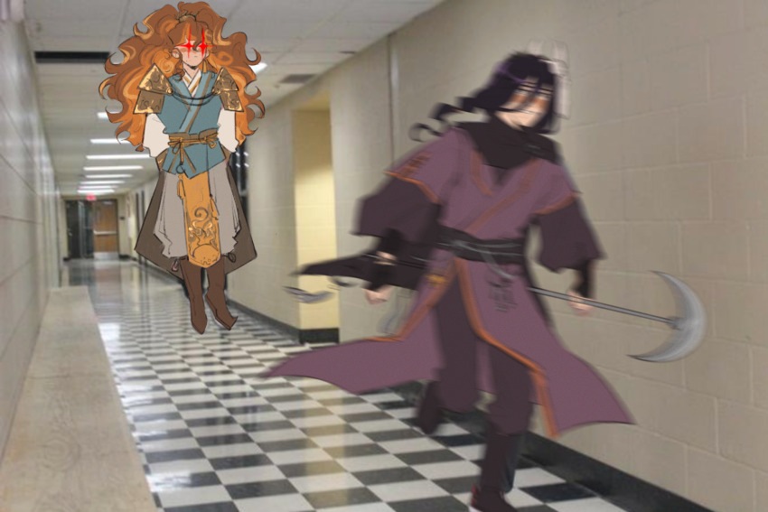 2boys, armor, big_hair, black_gloves, black_hair, blue_tunic, blurry, boots, braid, brown_footwear, brown_hair, checkered_floor, chinese_clothes, commentary, curly_hair, english_commentary, eyes_of_nine, fingerless_gloves, floating, floating_boy_chasing_running_boy_(meme), full_body, gloves, gold_armor, hallway, hanfu, highres, holding, holding_shovel, indoors, laser_sight, long_hair, male_focus, mask, mask_on_head, meme, motion_blur, multiple_boys, oni_mask, open_mouth, photo_background, purple_hanfu, quan_yizhen, red_eyes, running, shoulder_armor, shovel, tassel, tianguan_cifu, tile_floor, tiles, tunic, very_long_hair, yin_yu, yueya_chan