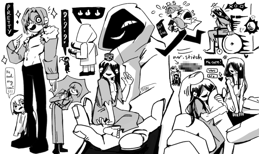 1girl, 4boys, aged_down, apron, chasing, child, coat, commentary