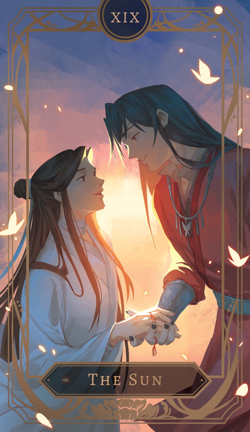 2boys, absurdres, backlighting, bandaged_neck, bandages, black_hair, black_nails, blue_sky