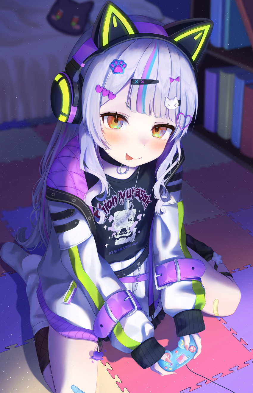 >:p, 1girl, absurdres, animal_ear_headphones, animal_ears, asymmetrical_legwear, bandaid, bandaid_on_knee