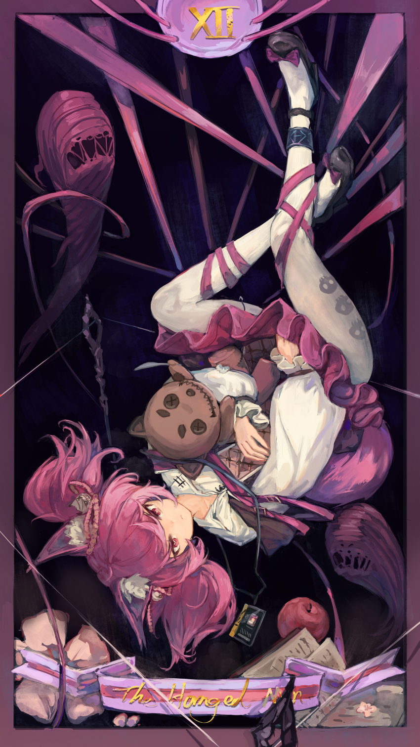 1girl, absurdres, animal_ears, apple, arknights, closed_mouth, commentary, english_commentary