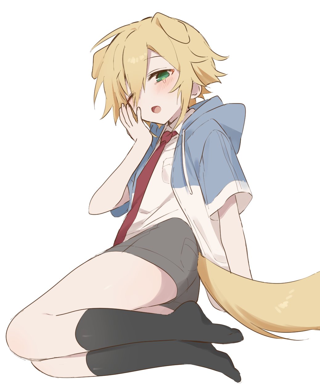 1boy, animal_ears, arm_behind_back, black_thighhighs, blonde_hair, blue_hoodie, blush, dog_boy