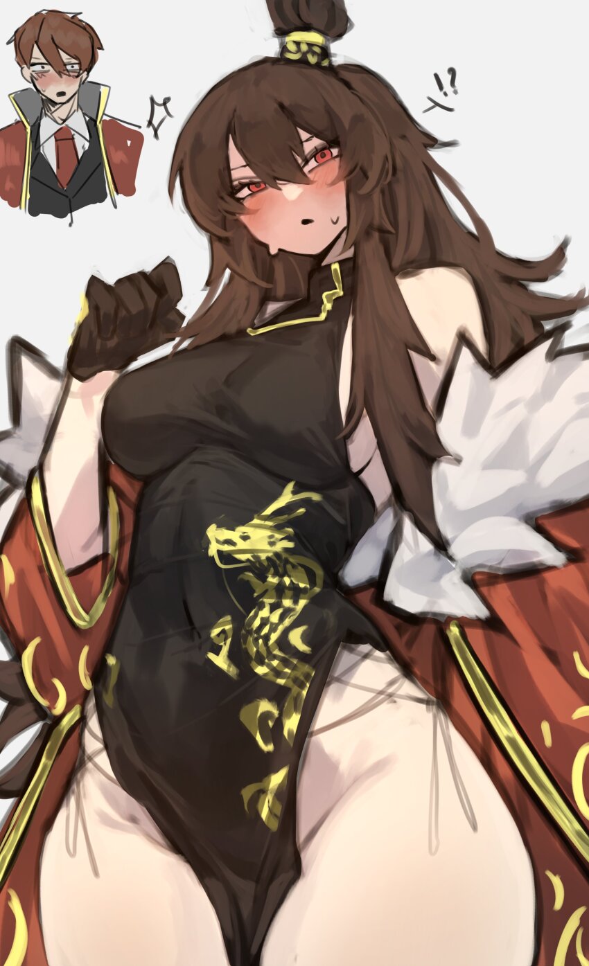 !?, 1boy, 1girl, absurdres, black_vest, blush, brown_hair, china_dress