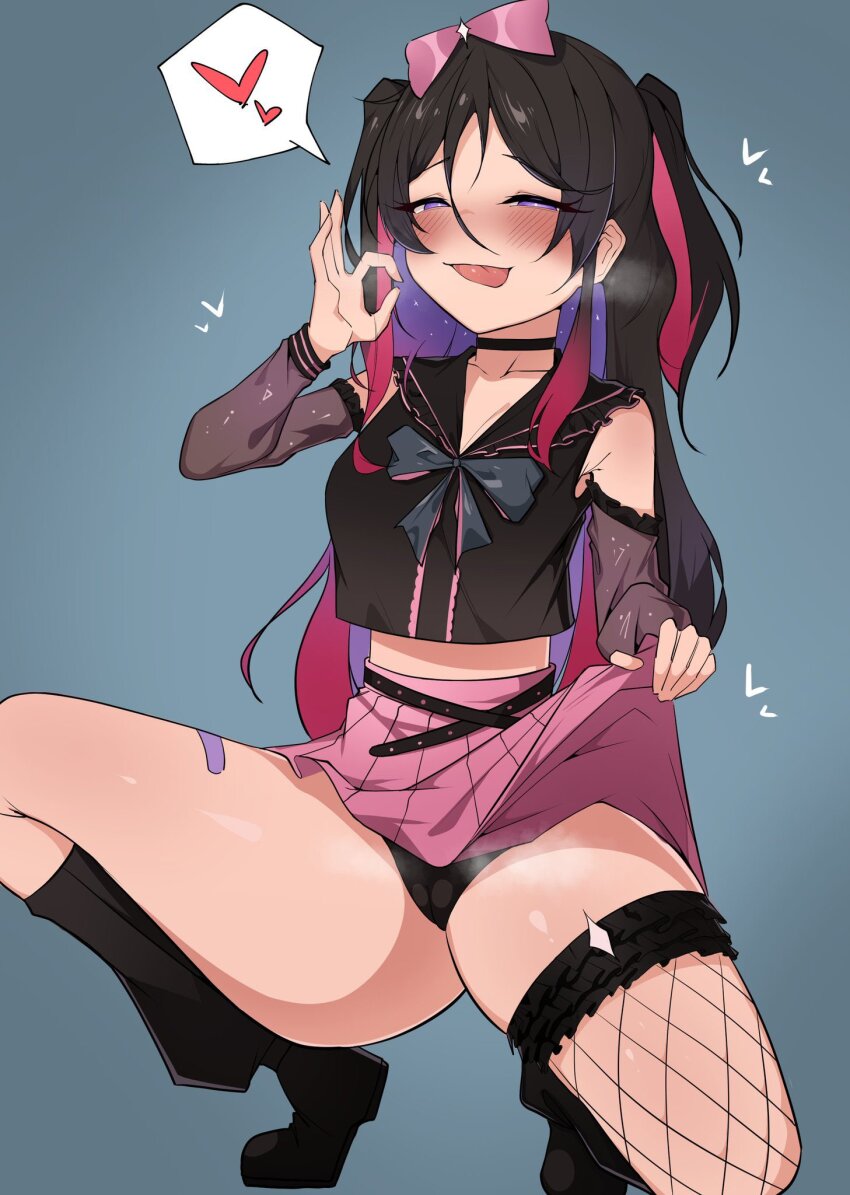 alice_hoshihime, arm_warmers, belly, black_footwear, black_hair, black_panties, blue_background, blush, clothes_lift, fishnets, heart, highres, indie_virtual_youtuber, kamihoshi_project, kkrazyyyy1, kneeling, long_hair, ok_sign, panties, skirt, skirt_lift, squatting, tongue, tongue_out, underwear, virtual_youtuber