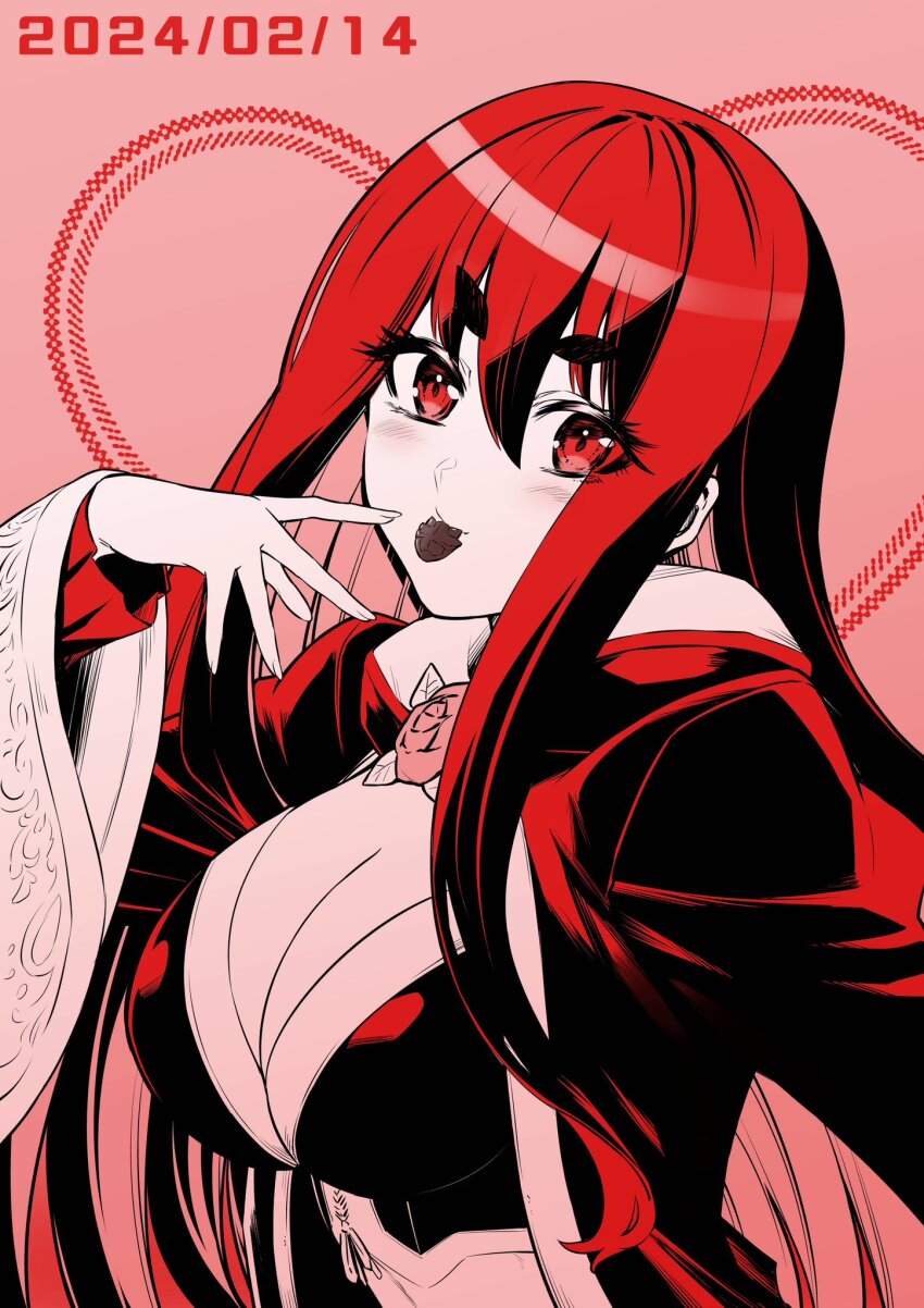 1girl, breasts, chocolate, cleavage, closed_mouth, colored_inner_hair, dated, flower