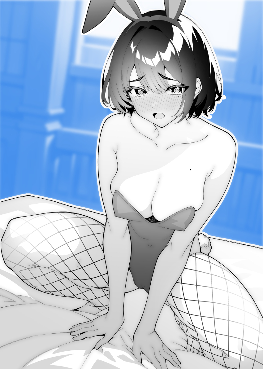 1girl, absurdres, animal_ear_hairband, animal_ears, blue_background, blush, breasts, cleavage