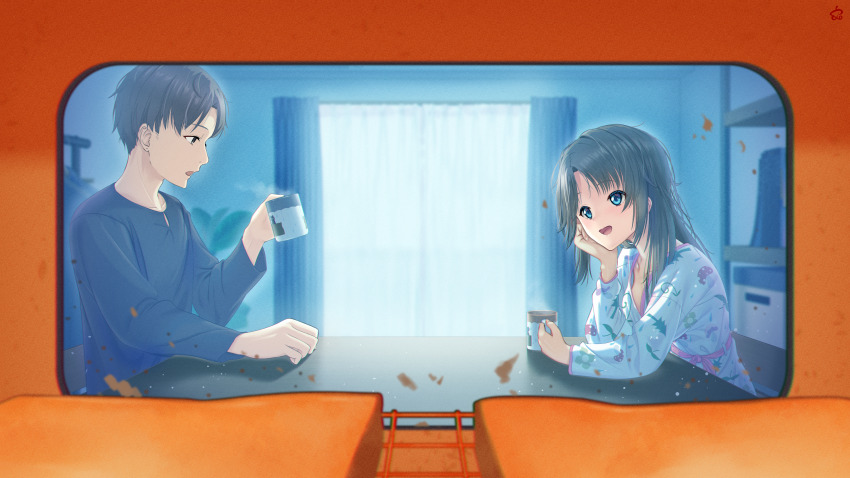 1boy, 1girl, absurdres, arms_on_table, black_hair, blue_eyes, bread, bread_slice