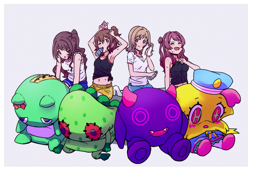 adjusting_hair, black_shirt, blue_shorts, blush, bottle, breasts, brown_eyes, brown_hair