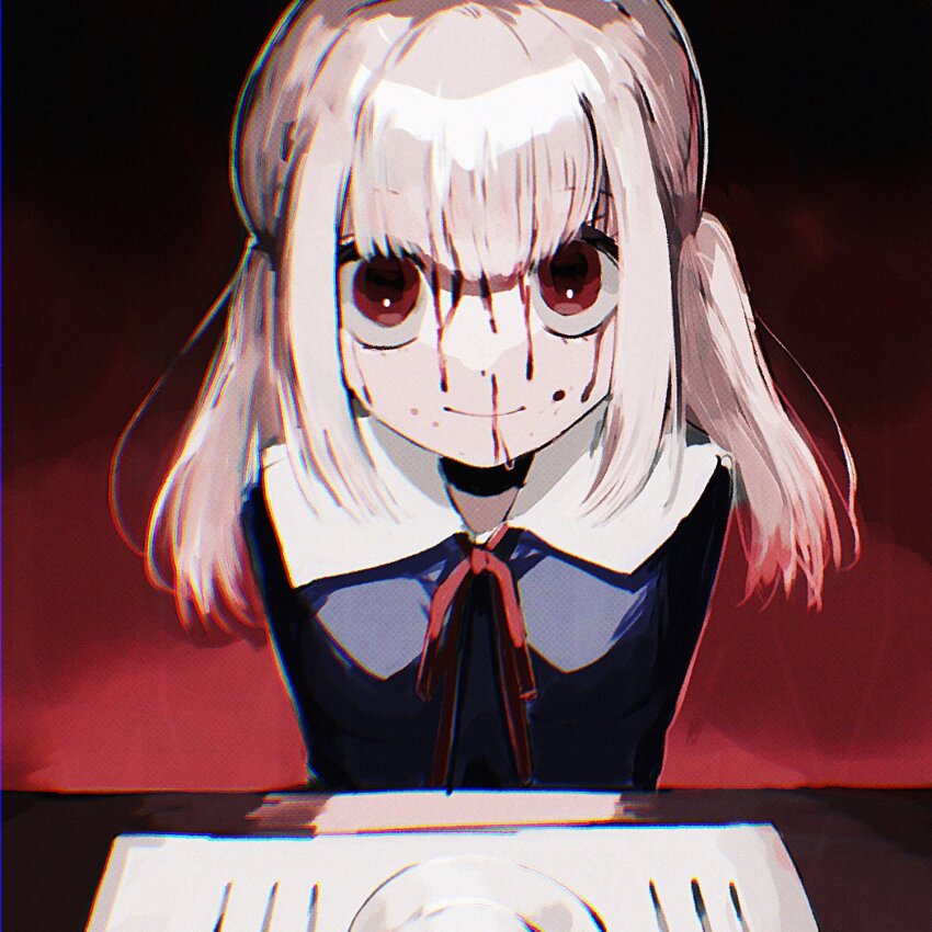 1girl, black_shirt, blood_from_forehead, blood, bloody_tears, blunt_bangs, chromatic_aberration, closed_mouth