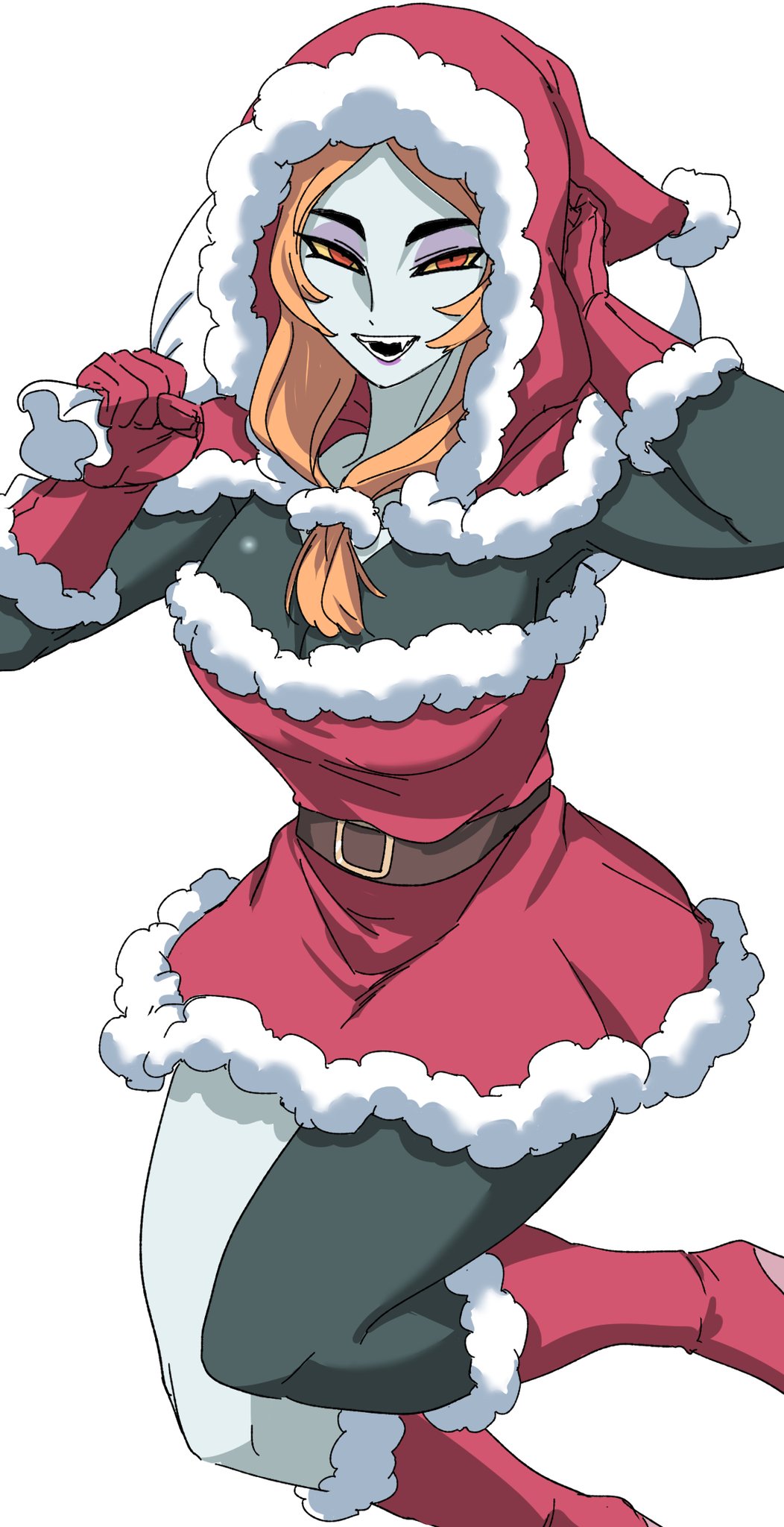 1girl, black_skin, boots, breasts, colored_sclera, colored_skin, dress, eyeshadow