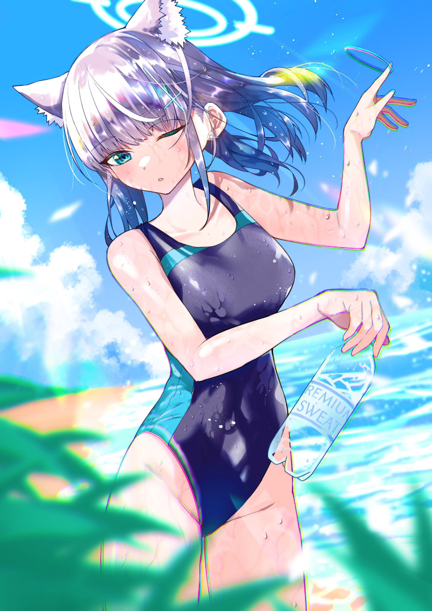 1girl, ;o, animal_ears, blue_archive, blue_background, blue_eyes, blue_halo, blue_one-piece_swimsuit