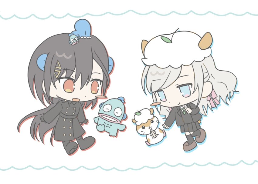 2girls, :d, black_coat, black_footwear, black_gloves, black_hair, black_jacket, black_skirt