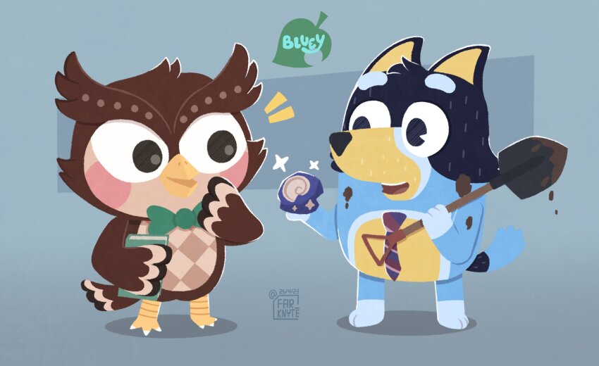 2boys, animal_crossing, artist_logo, bandit_heeler, bird, blathers_(animal_crossing), bluey, crossover, dated, far_knyte, furry, furry_male, helix_fossil, highres, logo, logo_parody, looking_at_another, multiple_boys, nintendo, owl