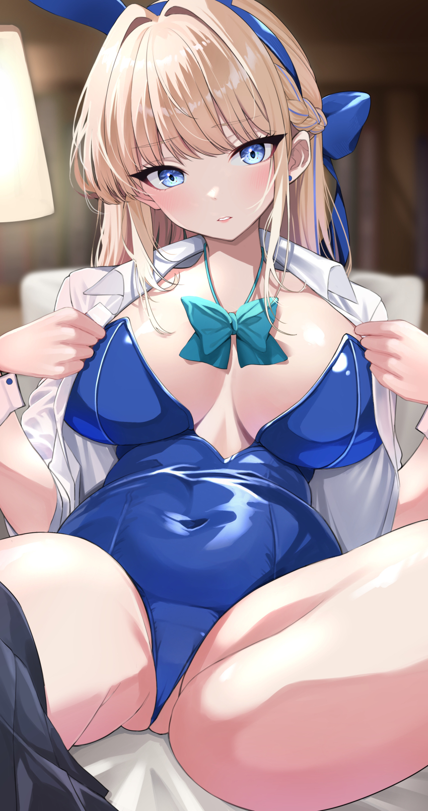 1girl, absurdres, animal_ear_hairband, animal_ears, aqua_bow, aqua_bowtie, black_thighhighs, blonde_hair, blue_archive, blue_hair, blue_hairband, blue_leotard, blurry, blurry_background, blush, bow, bowtie, braid, breasts, collared_shirt, commentary_request, covered_navel, cowboy_shot, dress_shirt, fake_animal_ears, gluteal_fold, hair_intakes, hairband, half_up_braid, highres, indoors, lamp, large_breasts, leotard, long_hair, looking_at_viewer, loose_bowtie, multicolored_hair, official_alternate_costume, ogata_(ogt_illust), on_bed, open_clothes, open_shirt, parted_lips, rabbit_ear_hairband, rabbit_ears, shirt, solo, spread_legs, streaked_hair, thighhighs, toki_(blue_archive), toki_(bunny)_(blue_archive), white_shirt, white_wrist_cuffs, wrist_cuffs