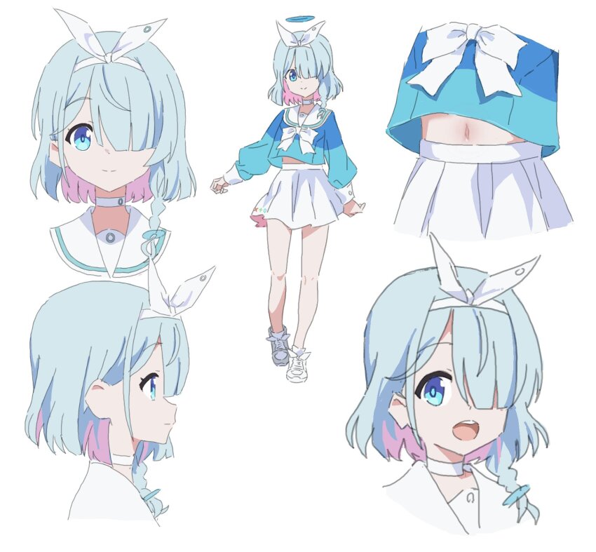 1girl, arona_(blue_archive), blue_archive, blue_eyes, blue_hair, blue_halo, blue_shirt, bow_hairband