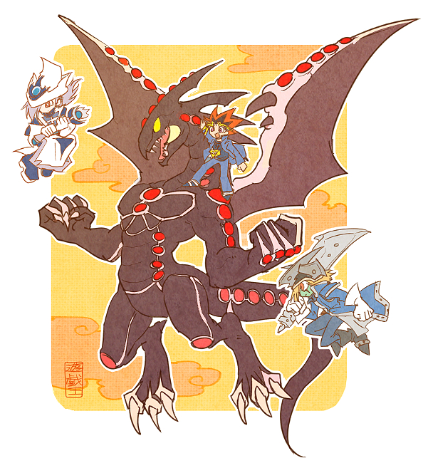 1girl, 2boys, blue_jacket, blue_pants, dragon, duel_monster, fake_horns, gandora_the_dragon_of_destruction