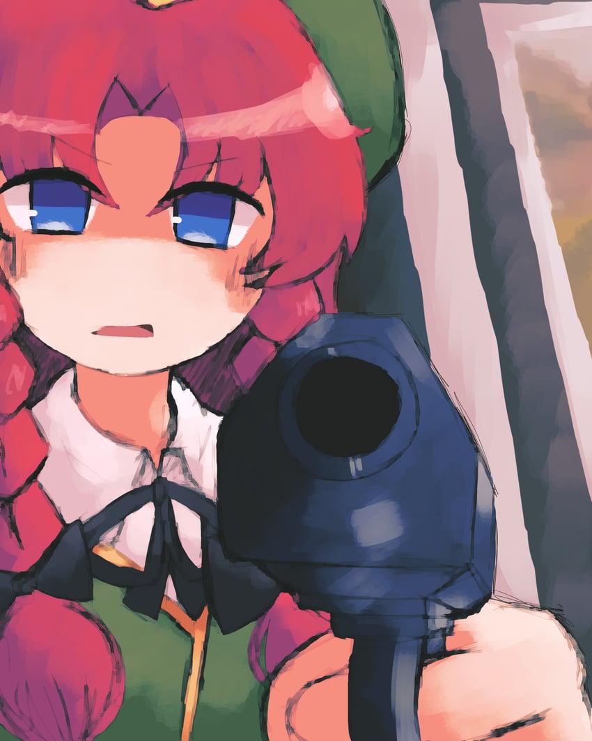1girl, angry, blue_eyes, brown_hair, chinese_clothes, green_hat, gun, handgun