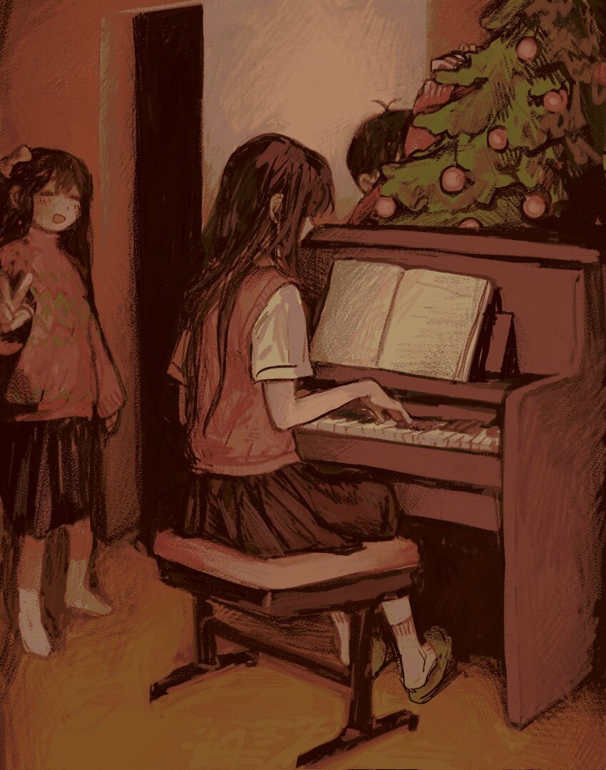 1boy, 2girls, :d, aged_down, ankle_socks, antenna_hair, aubrey_(faraway)_(omori), aubrey_(omori)