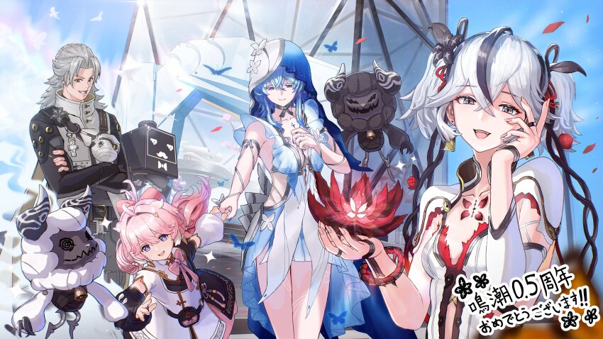 1boy, 3girls, aalto_(wuthering_waves), absurdres, armlet, belt, black_belt, black_eyes, black_flower, black_gloves, black_pants, black_ribbon, blake_bloom_(wuthering_waves), blue_nails, blue_veil, bow, breasts, camellia, camellya_(wuthering_waves), closed_mouth, cloudy_(wuthering_waves), collar, collarbone, colored_eyelashes, commentary, cosmos_(wuthering_waves), covered_collarbone, crossed_arms, dress, encore_(wuthering_waves), fingerless_gloves, flower, flower-shaped_pupils, flower_on_chest, gloves, grin, hair_between_eyes, hair_bow, hair_flower, hair_ornament, hair_ribbon, hair_vines, hand_grab, hand_on_own_face, hand_up, highres, jewelry, long_hair, looking_at_viewer, multiple_girls, nail_polish, open_mouth, pangu_terminal_(wuthering_waves), pants, pink_bow, pink_pupils, pink_skirt, purple_eyes, red_pupils, red_ribbon, ribbon, shorekeeper_(wuthering_waves), skirt, sleeveless, sleeveless_dress, small_breasts, smile, untranslatable_commentary, symbol-shaped_pupils, tacet_mark_(wuthering_waves), teeth, translation_request, two-tone_veil, veil, white_collar, white_dress, white_hair, white_veil, wuthering_waves, yoshioka_(rockwell_sv)