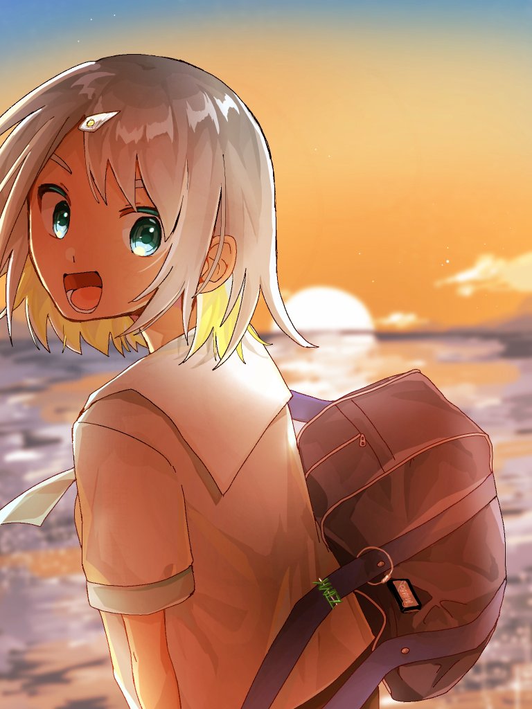 1girl, :d, aqua_necktie, aqua_trim, bag, beach, black_bag, blonde_hair, blue_eyes, colored_inner_hair, hair_ornament, hairclip, hairpin, iworuru, looking_at_viewer, milabo_(zutomayo), multicolored_hair, necktie, nira-chan, nira-chan_(milabo)_(zutomayo), open_mouth, sailor_collar, school_uniform, serafuku, shirt, smile, sun, sunset, white_hair, white_sailor_collar, zutto_mayonaka_de_ii_no_ni