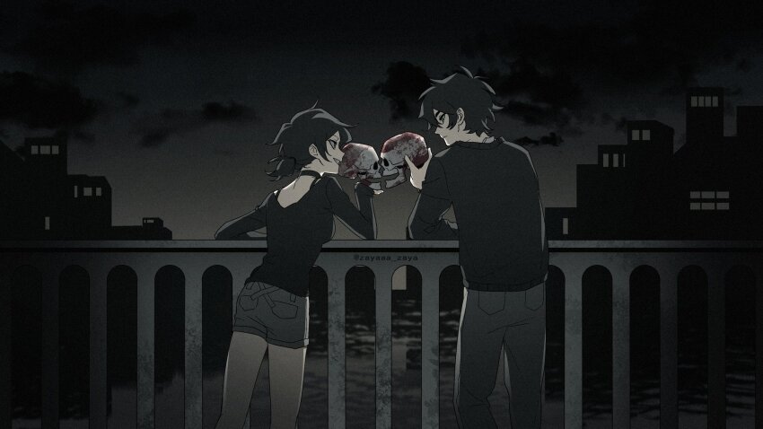 1boy, 1girl, against_railing, andrew_graves, antenna_hair, ashley_graves, black_choker, black_hair