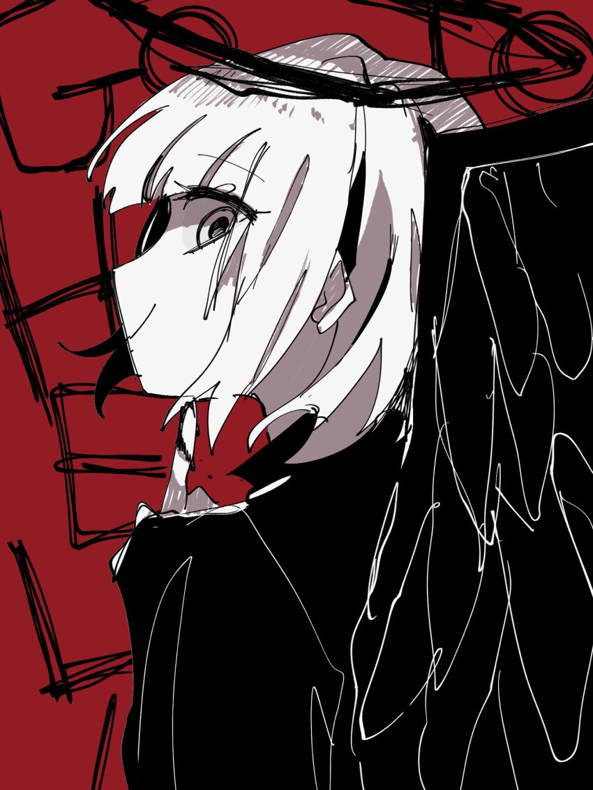 1girl, blunt_bangs, bob_cut, closed_mouth, commentary_request, english_text, fallen_angel, finger_to_own_chin