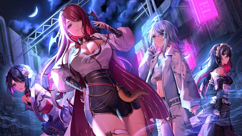 4girls, addie_wyvernhart, aegis-link, black_choker, black_collar, black_dress, black_gloves, black_hair, black_skirt, black_wings, blue_eyes, breasts, bright_pupils, brown_eyes, brown_hair, choker, cleavage, cloud, collar, colored_inner_hair, covered_navel, crescent_moon, cropped_shirt, cross-eyed, detached_collar, dress, flower, gloves, hair_between_eyes, hair_flower, hair_ornament, head_wings, heart, heart-shaped_pupils, highres, jacket, lan_philia, long_hair, maefae, maid, maid_headdress, midriff, moon, multicolored_hair, multiple_girls, navel, night, open_clothes, open_jacket, pants, pink_hair, plaid_clothes, plaid_skirt, puffy_sleeves, purple_hair, purple_skirt, red_eyes, shirt, short_hair, skirt, sky, sleeves_past_wrists, star_(symbol), star_hair_ornament, symbol-shaped_pupils, tassel, thigh_strap, triggerphish, urashima_(hidoro_mgmg), white_pants, white_pupils, white_shirt, wings