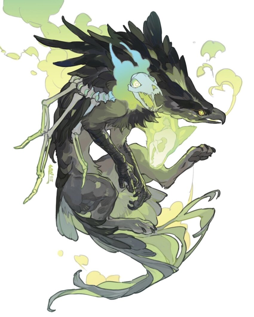 animal_skull, beak, bird_tail, bone, fire, from_side, full_body, ghost