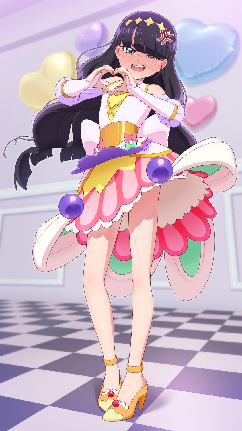 1girl, absurdres, anklet, back_bow, black_hair, blue_eyes, blush, boots, bow, cosplay, cure_finale, cure_finale_(cosplay), delicious_party_precure, detached_sleeves, dress, fingerless_gloves, gloves, gold_anklet, heart, heart_hands, high_heel_boots, high_heels, highres, kasai_amane, long_hair, magical_girl, multicolored_dress, open_mouth, orange_boots, paid_reward_available, precure, shoes, solo, sweatdrop, tiler_(tiler00), white_bow, white_gloves, yellow_shoes