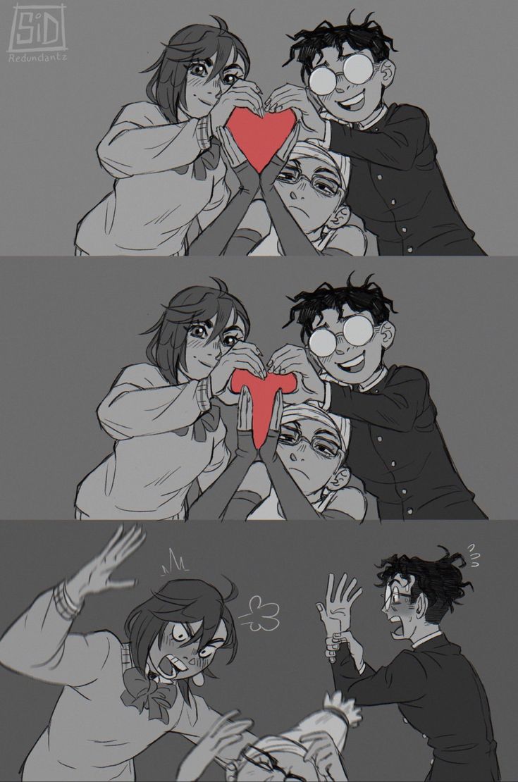 1boy, 2girls, angry, artist_request, ayase_momo, ayase_seiko, blush, bored, dandadan, embarrassed, glasses, grandmother_and_granddaughter, grey_background, heart, heart_hands, monochrome, multiple_girls, open_mouth, penis_hands, serious, smile, source_request, sweater, takakura_ken_(dandadan)